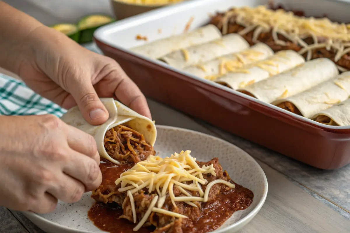 Hands rolling short rib enchiladas with cheese, placing them in a baking dish, and adding sauce before baking.