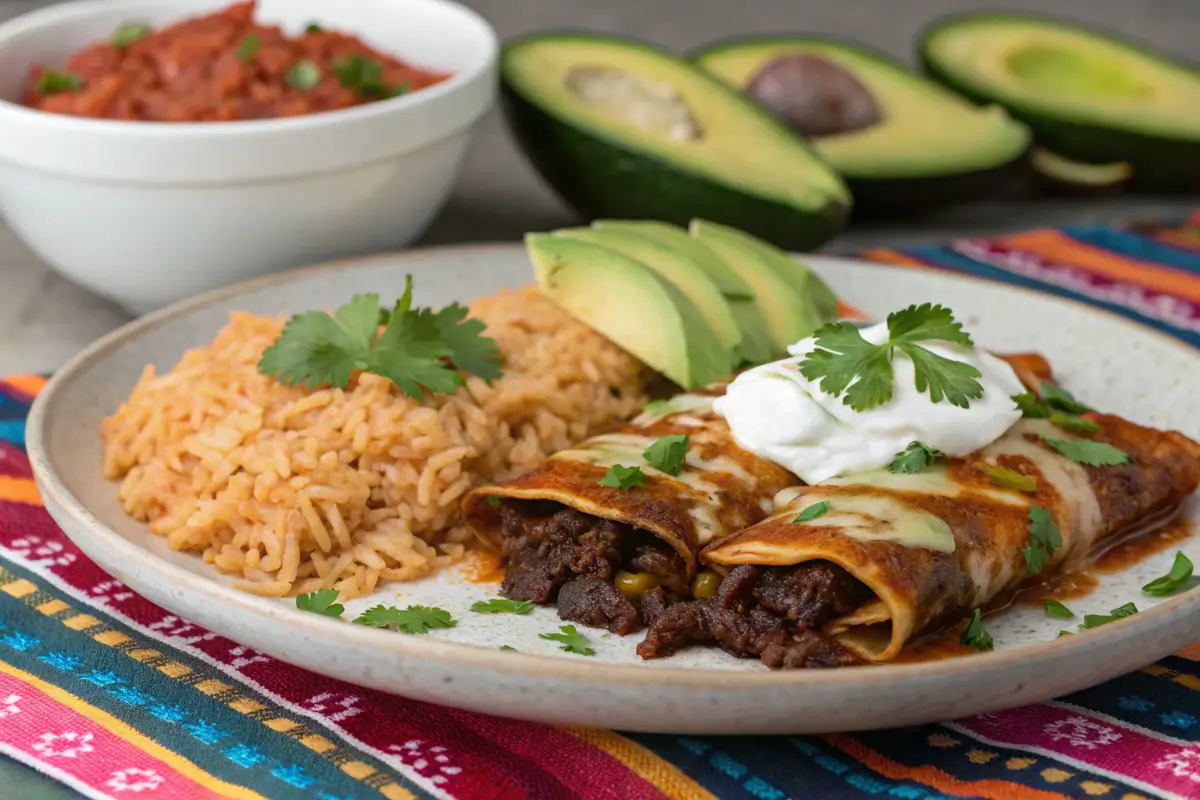 Plated Short Rib Enchiladas with rice, avocado slices, and crema, served on a colorful tablecloth for a vibrant presentation.