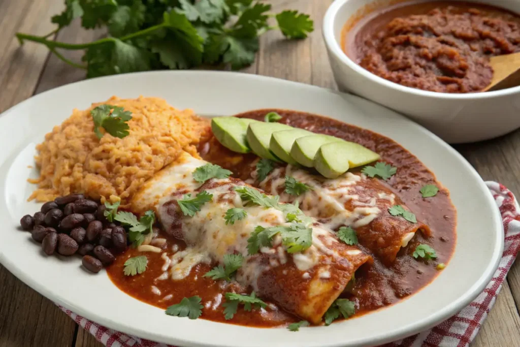 Short Rib Enchiladas served on a plate with red sauce, cheese, cilantro, rice, and beans on a wooden table.