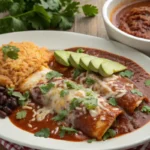 Short Rib Enchiladas served on a plate with red sauce, cheese, cilantro, rice, and beans on a wooden table.