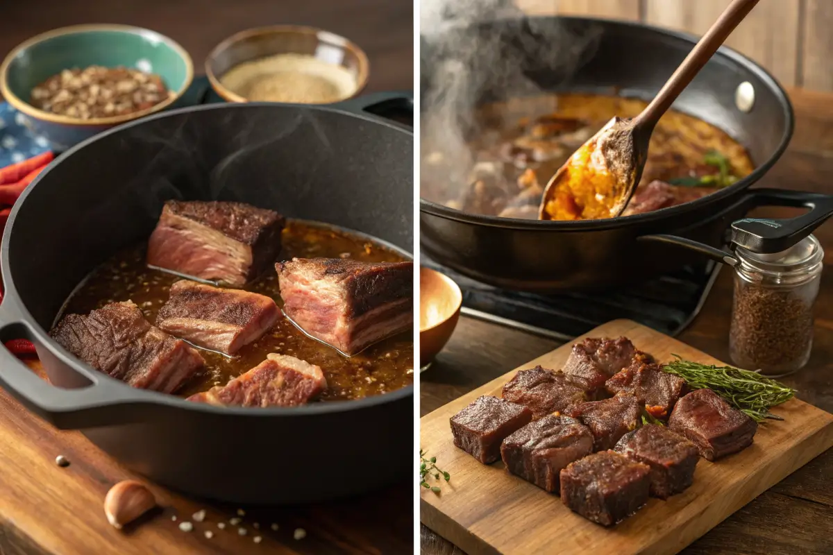 Step-by-step process of braising short ribs for enchiladas, showing searing, seasoning, and slow-cooking in broth.