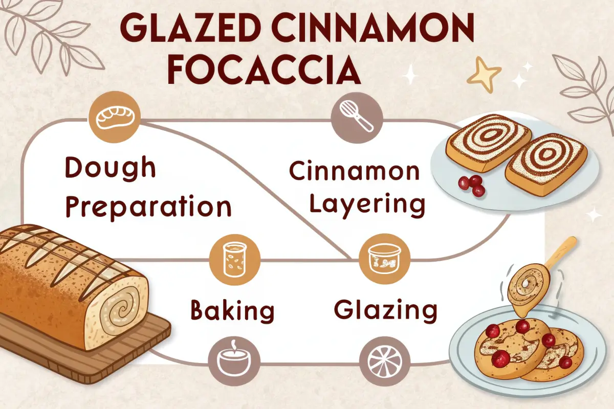Step-by-step photo series of making glazed cinnamon focaccia at home