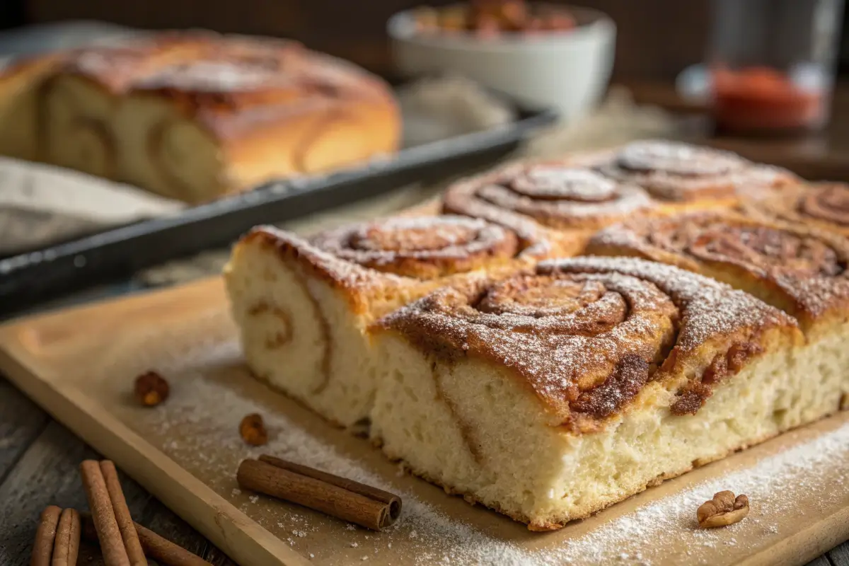 Artistic illustration of glazed cinnamon focaccia with cinnamon swirl theme