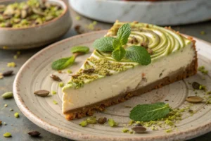 Cheesecake slice topped with pistachio paste and chopped nuts