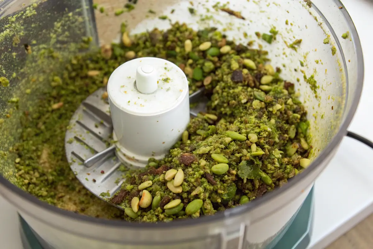 Pistachios being blended into paste in food processor