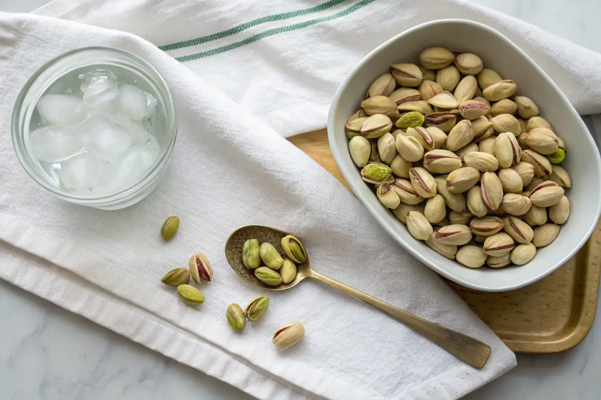 Raw vs blanched pistachios with ice water setup