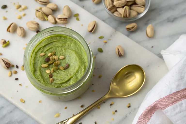 Jar of homemade pistachio paste with whole pistachios on kitchen counter