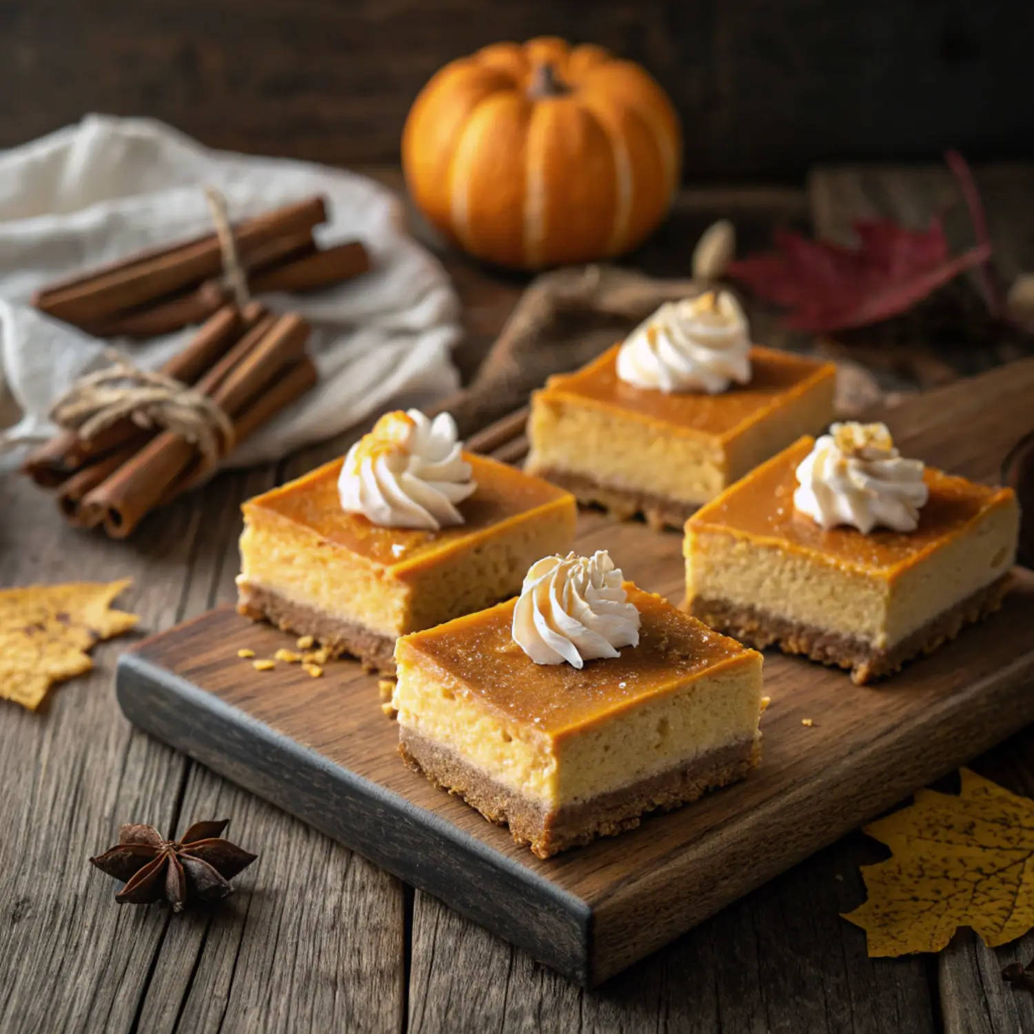 Creamy pumpkin cheesecake bars with graham cracker crust served on a rustic wooden table surrounded by fall decorations.
