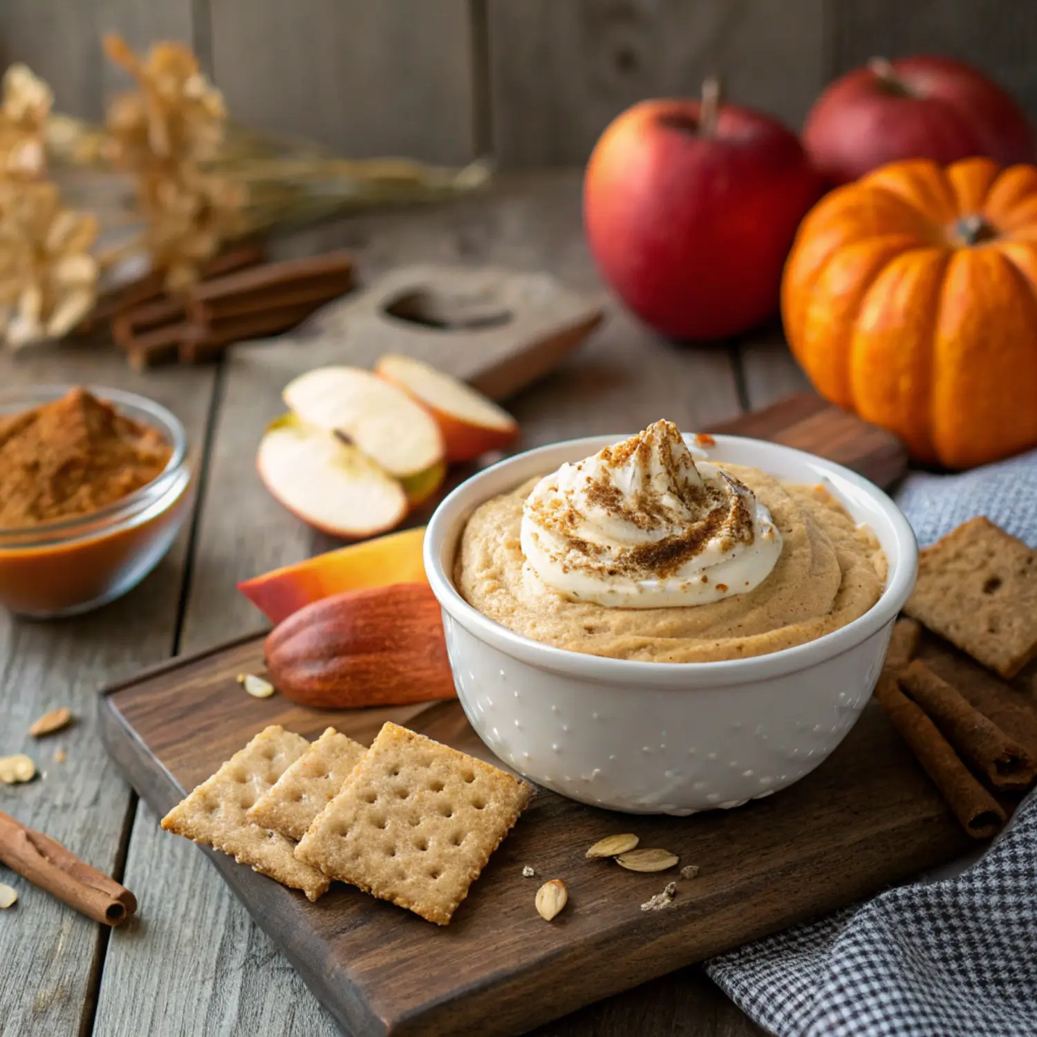 Bowl of pumpkin pie dip with fall crackers and sliced apples.
