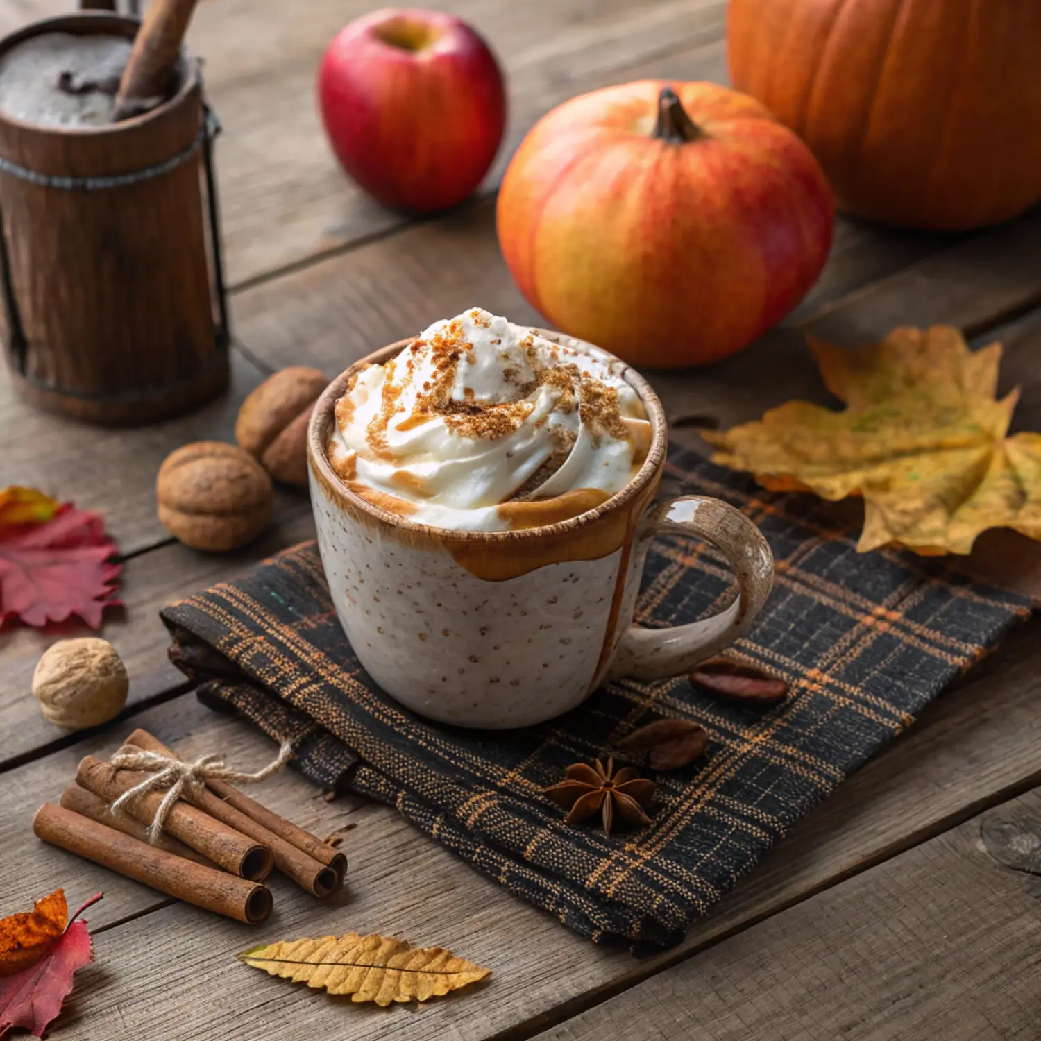 A warm mug of Pumpkin Apple Cider Latte topped with whipped cream and cinnamon, surrounded by fall decor like apples, pumpkins, and leaves—perfect cozy homemade fall drink.