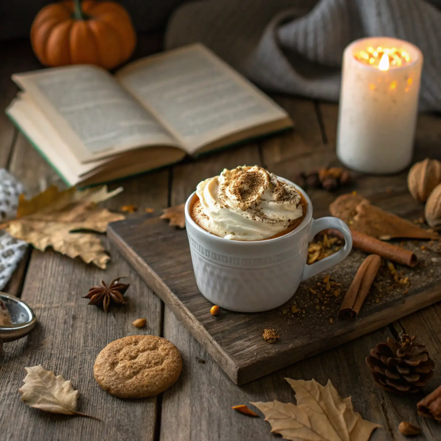 A cozy homemade pumpkin cookie butter latte topped with whipped cream and cookie crumbles, the perfect easy fall drink recipe for latte lovers.