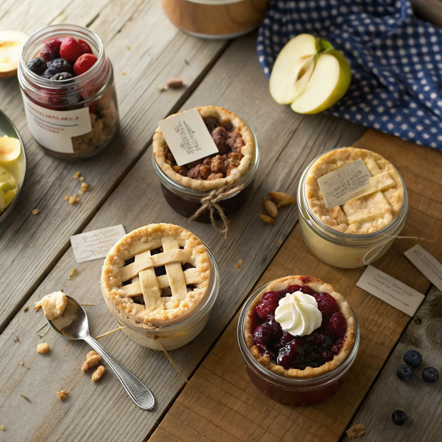 Mini berry pies baked in mason jars with lattice tops.