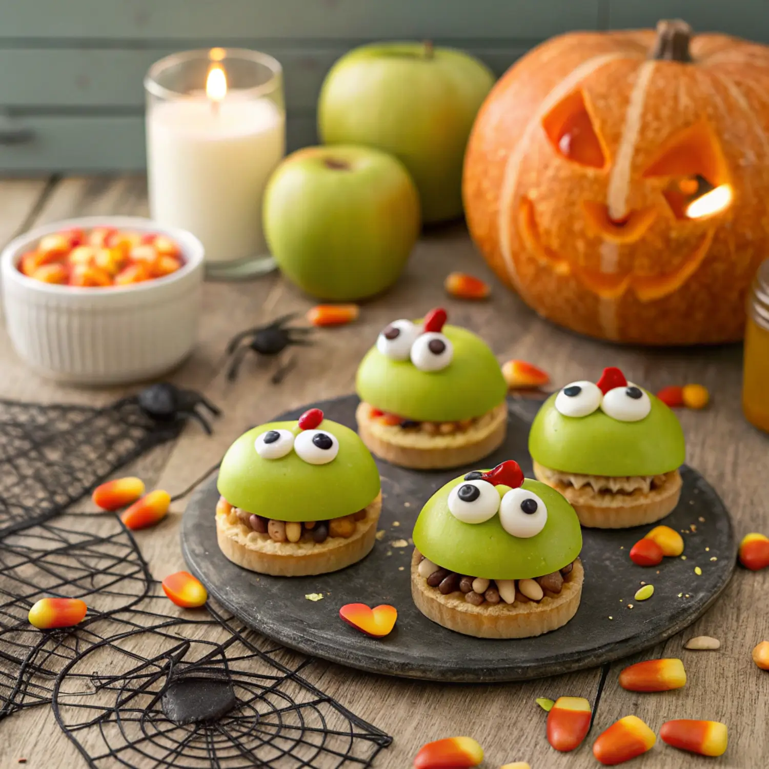 Spooky Apple Monsters for Halloween made with green apples, peanut butter, strawberry tongues, and marshmallow eyes arranged on a festive Halloween table.