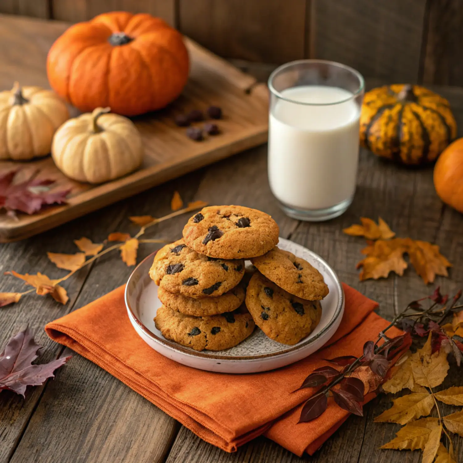A stack of soft, chewy pumpkin chocolate chip cookies on a rustic table, surrounded by autumn decor and a glass of milk.