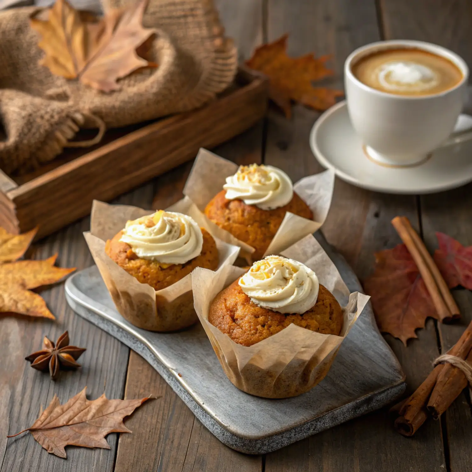 Moist pumpkin cream cheese muffins on a wooden table with fall decor and coffee mug.