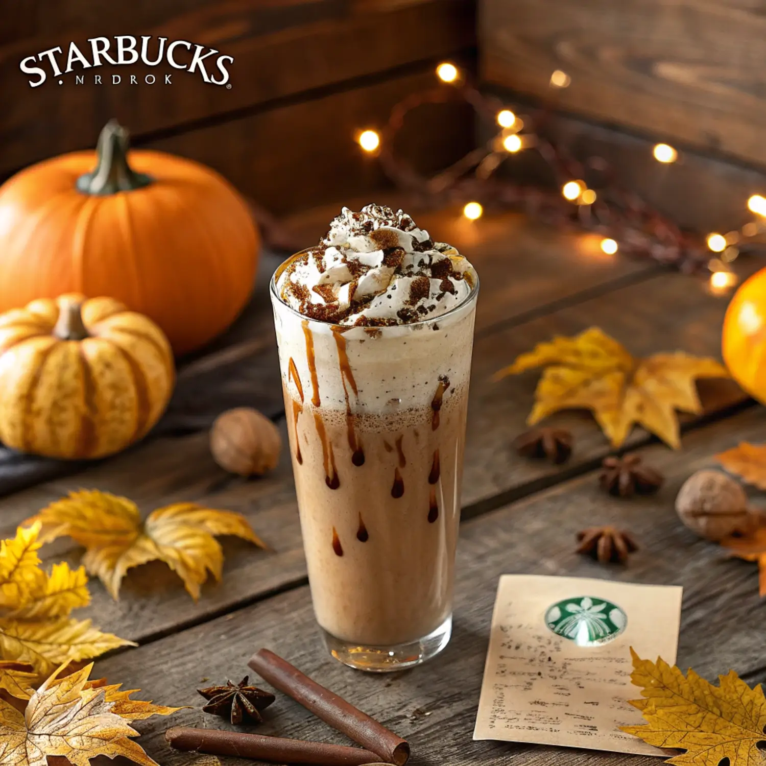 Iced Pumpkin Mocha Latte in a clear glass topped with whipped cream and chocolate drizzle, served over ice and surrounded by fall-themed decor — the perfect easy homemade autumn coffee drink.
