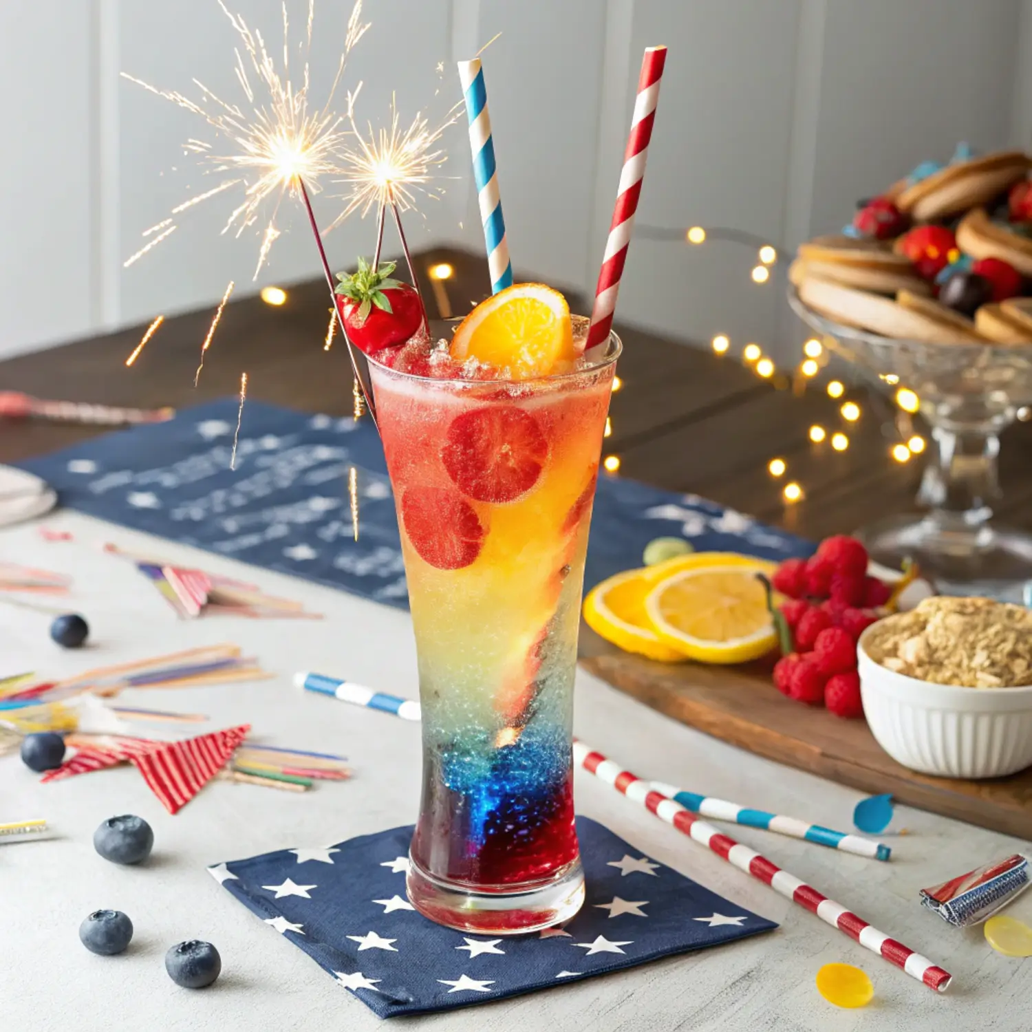 Layered red, white, and blue drinks in mason jars with straws.