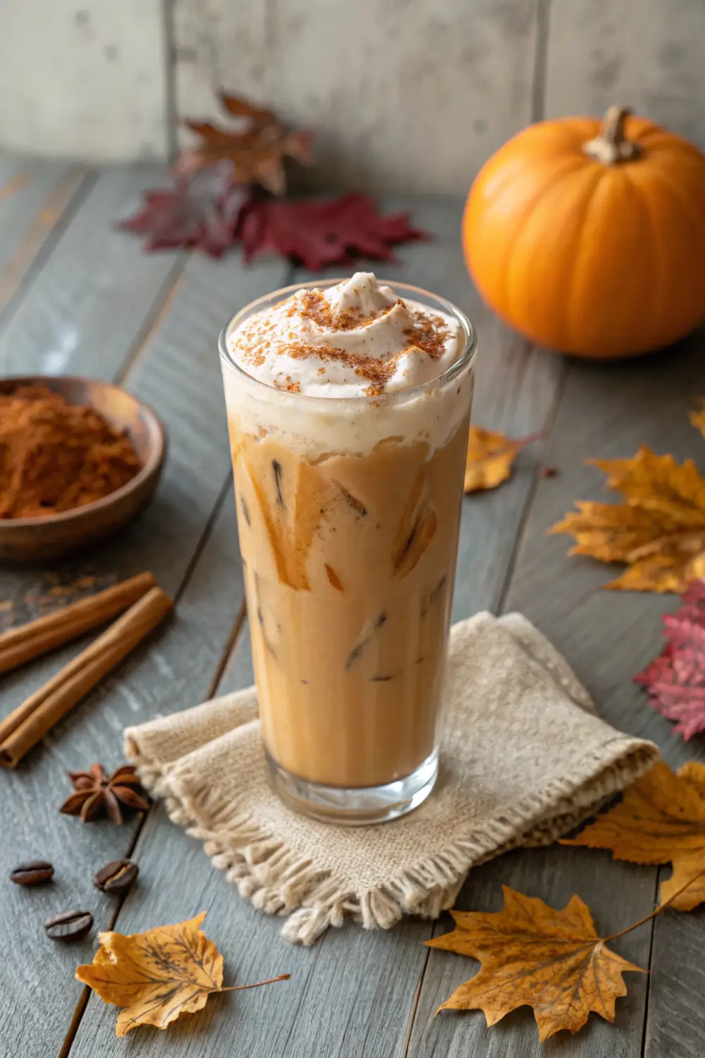 A tall glass of iced pumpkin cream cold brew with creamy pumpkin foam, fall leaves, and a rustic table setting.