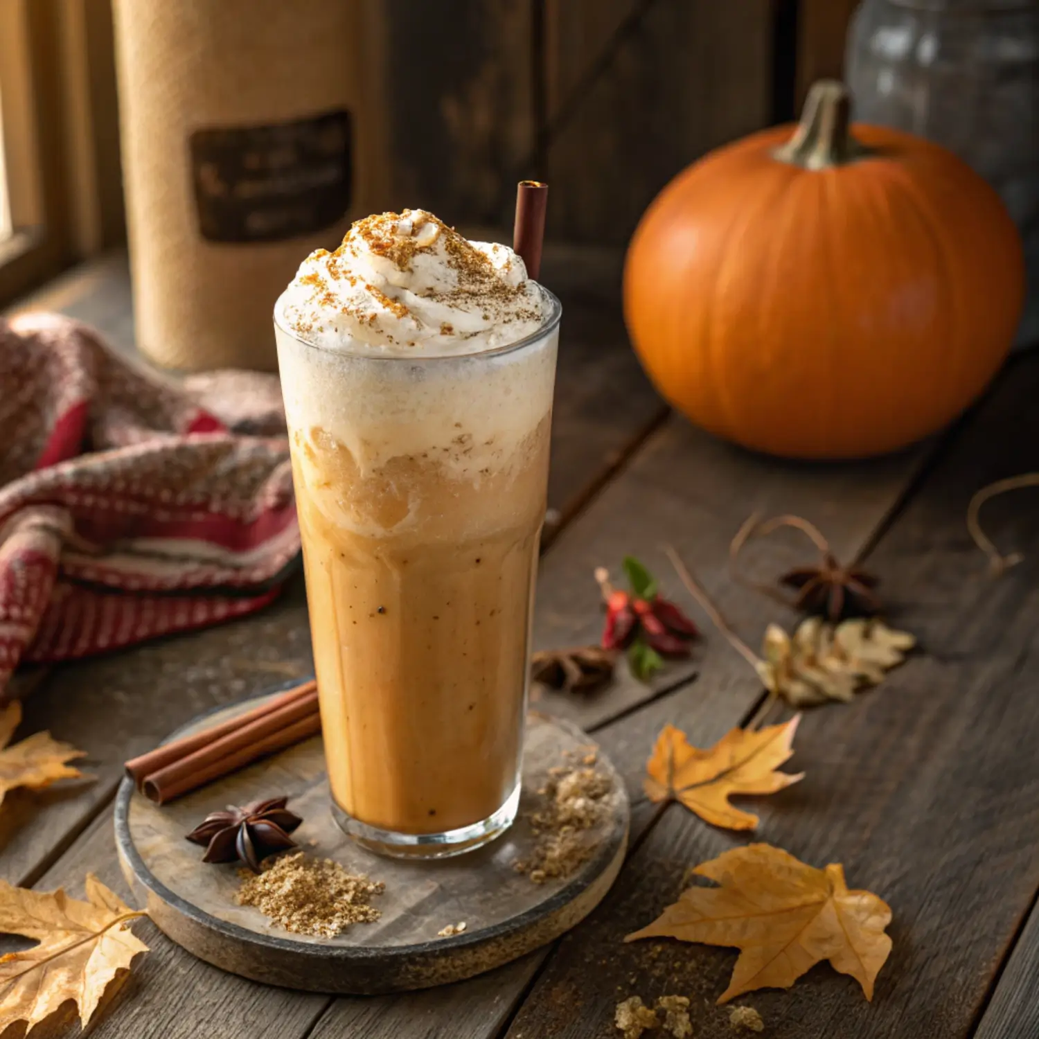 Homemade pumpkin cold foam chai tea in a glass topped with fluffy pumpkin spice foam, served over ice for a cozy fall drink.