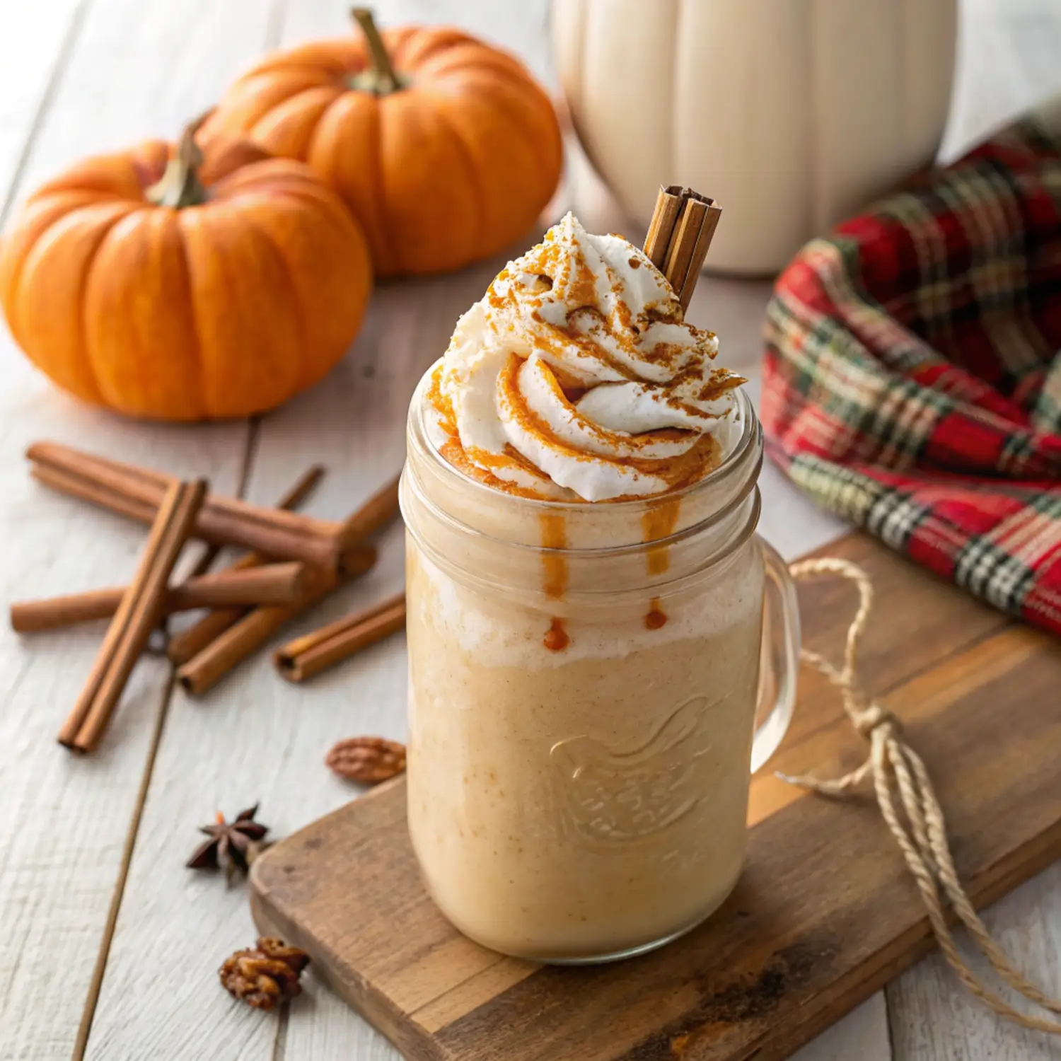 Homemade Frozen Pumpkin Frappuccino topped with whipped cream and caramel drizzle on a rustic table with cozy fall decor in the background.