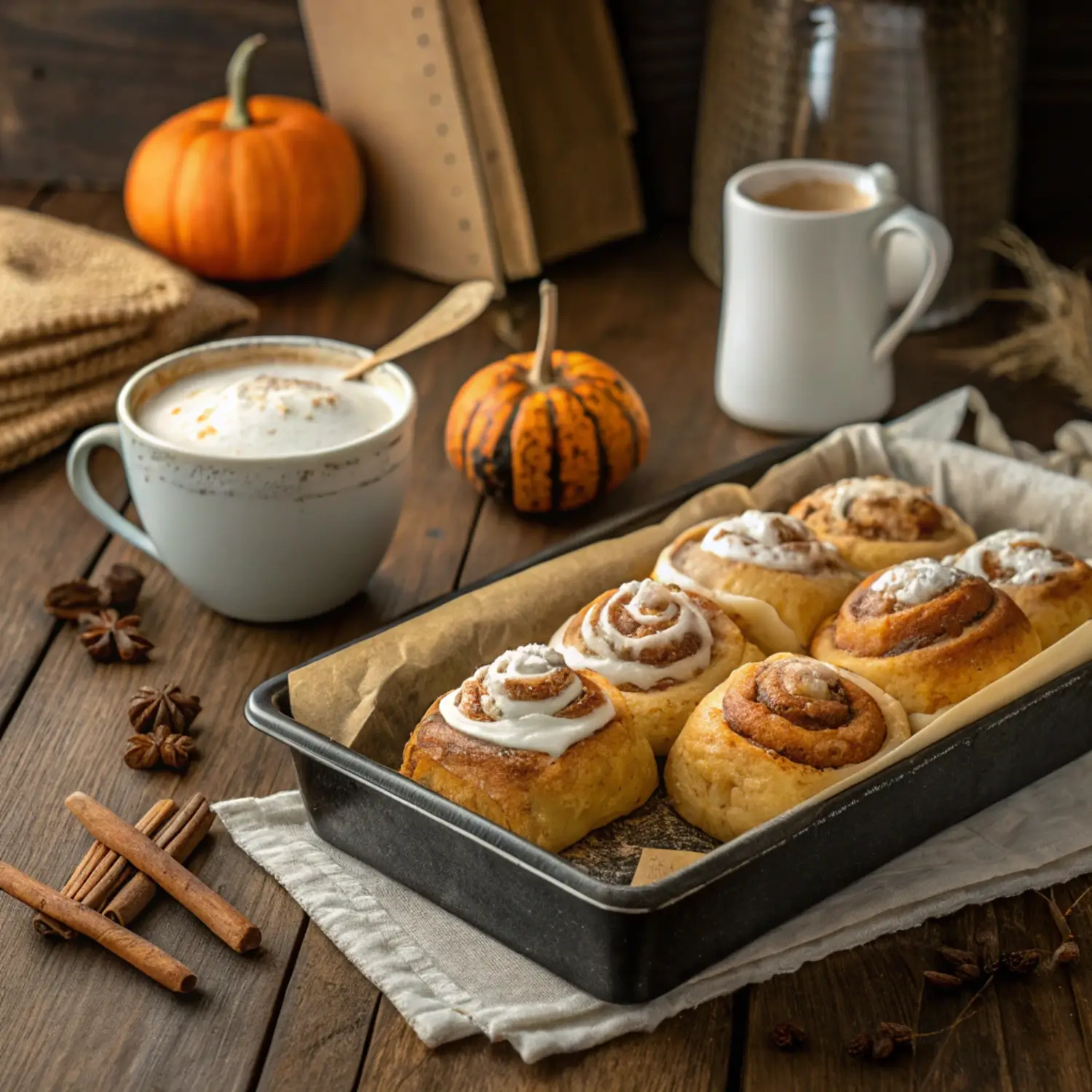 Freshly baked pumpkin spice cinnamon rolls with cream cheese frosting on a tray, surrounded by fall decor and a cup of coffee.