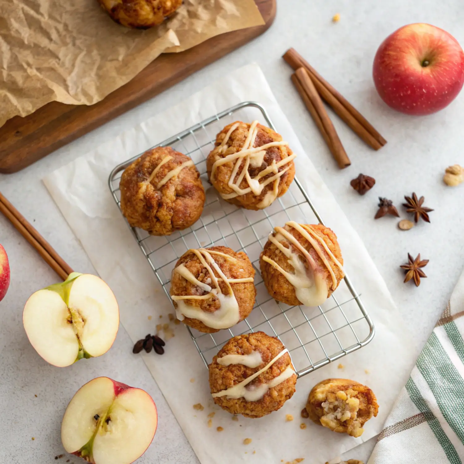Freshly made apple fritters with glaze cooling on a wire rack – an easy homemade recipe with no mixer required.